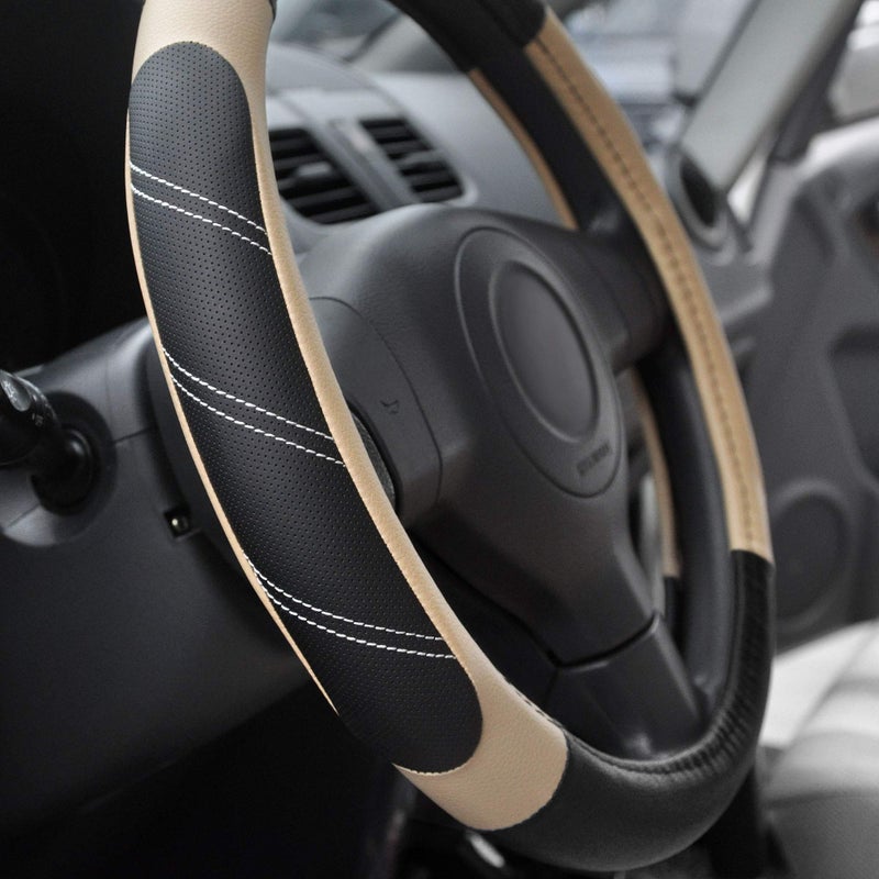 Elantrip Steering Wheel Cover Leather 15 1/2 to 16 inch Universal Large Soft Grip Breathable for Car Truck SUV Jeep Anti Slip Beige - Image 2